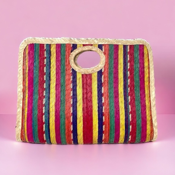 Handbags - Rainbow Striped Structured Straw Top Handle Bag